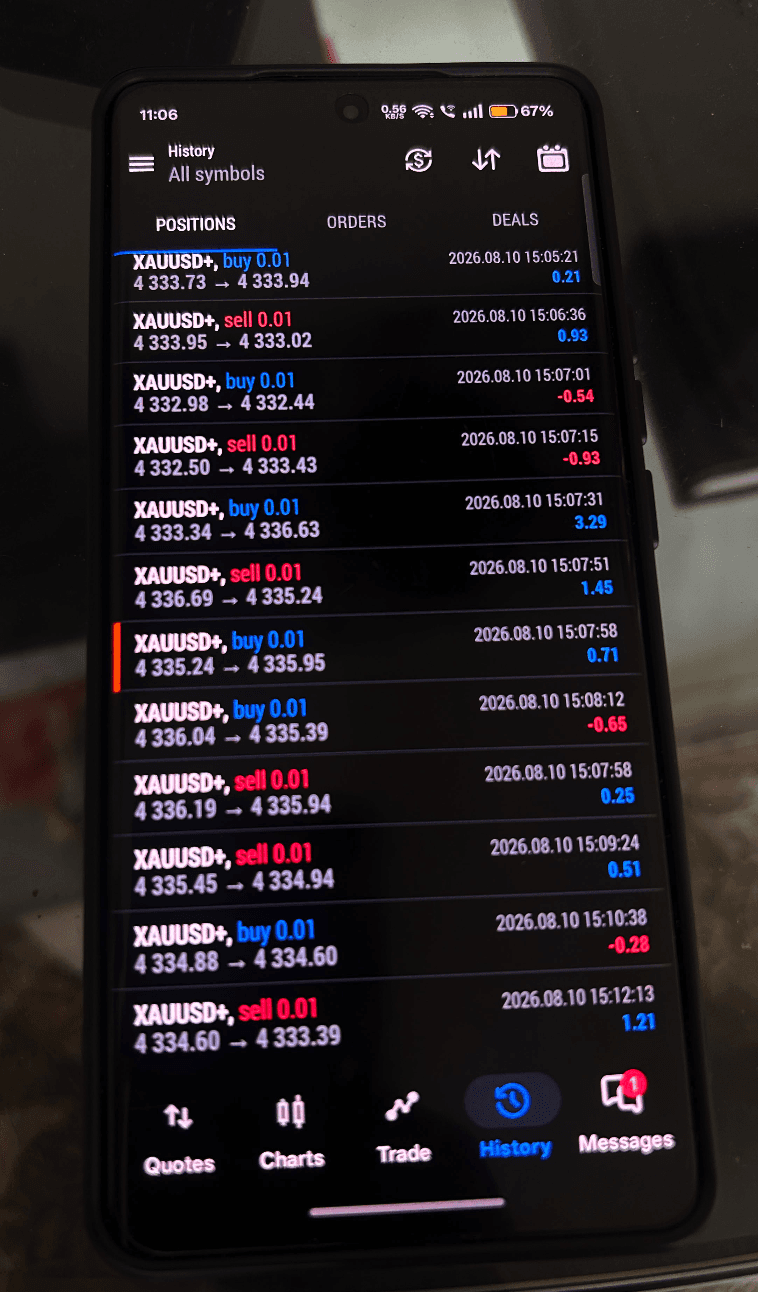 Client phone screenshot showing MT5 XAUUSD trade history